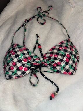 Arizona Jean Company Black Halter Bikini Top with Pink Cherry Print